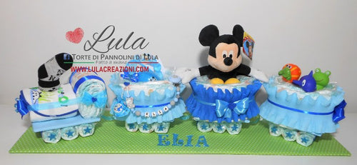 Torta di pannolini Pampers Treno Lula Creazioni peluche trenino azzurro maschio Topolino idea regalo nascita battesimo baby shower originale utile gravidanza neonato bella shop online spedizioni italia ancona