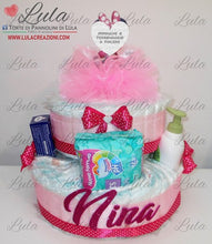 Carica l&#39;immagine nel visualizzatore di Gallery, Torta di pannolini pon pon personaggio a piacere topolino minnie principessa unisex maschio femmina rosa azzurro celeste giallo fucsia rosso verde idea regalo bella utile originale pampers nascita neonato gravidanza baby shower battesimo shop online spedizioni italia ancona Torte di Pannolini di Lula Creazioni prodotti igiene Minnie Topolino
