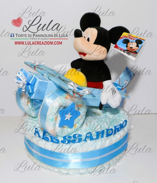 torta di pannolini lula creazioni pampers confezionati igiene. aereo con peluche topolino disney. idea regalo nascita battesimo baby shower maschio bambino bimbo azzurro. particolare bella originale. spedizioni italia milano torino bolzano trento