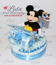 Carica l&#39;immagine nel visualizzatore di Gallery, torta di pannolini lula creazioni pampers confezionati igiene. aereo con peluche topolino disney. idea regalo nascita battesimo baby shower maschio bambino bimbo azzurro. particolare bella originale. spedizioni italia milano torino bolzano trento
