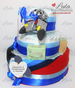 Torta di pannolini + Regalini TOPOLINO / MINNIE - Torte di Pannolini di Lula Minnie Topolino Pampers personalizzabile fucsia celeste azzurra maschio femmina rosa verde idea regalo gravidanza nascita battesimo baby shower neonato bella utile originale shop online spedizioni italia ancona personalizzabile calzini bavaglino personalizzato nome prodotti igiene biberon ciuccio copertina