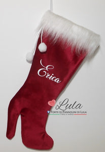 Calza befana Natale epifania Lula Creazioni stivale tacco pon pon velluto rosso nome personalizzato peluche idea regalo natalizia lei ragazza donna moda mamma nonna