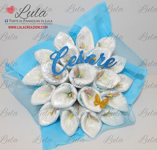 Torte di Pannolini di Lula Creazioni - Fiori Bouquet idea regalo nascita battesimo baby shower maschio azzurro gravidanza pampers utile bella originale bavaglino shop online spedizioni italia ancona