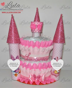 Torta di Pannolini CASTELLO Lula Creazioni - rosa femmina idea regalo nascita battesimo gravidanza baby shower utile bella originale pampers shop online spedizioni italia ancona minnie