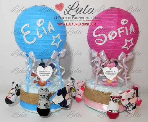 Torte di pannolini di Lula Creazioni - Mongolfiera personalizzabile Topolino azzurra maschio gravidanza pampers utile bella originale bavaglino shop online spedizioni italia ancona idea regalo nascita battesimo baby shower minnie rosa femmina