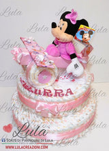 Carica l&#39;immagine nel visualizzatore di Gallery, Torta di pannolini Pampers Lula Creazioni aereo femmina rosa Minnie peluche idea regalo nascita battesimo baby shower particolare bella gravidanza shop online spedizioni italia ancona torino milano
