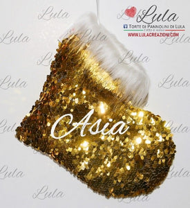 Calza Natale particolare elegante personalizzata con nome cuore paillette oro amore love ti amo dedica natalizia Epifania befana idea regalo Natale ragazza ragazzo fidanzata donna Lula Creazioni