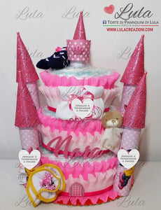 Torta di Pannolini CASTELLO Prestige - Lula Creazioni Pampers - rosa fucsia femmina bimba bambina principessa idea regalo gravidanza baby shower nascita battesimo utile bella originale shop online spedizioni italia ancona milano torino bologna