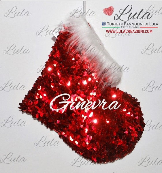 Calza Natale particolare elegante personalizzata con nome cuore paillette rosso amore love ti amo dedica natalizia Epifania befana idea regalo Natale ragazza ragazzo fidanzata donna Lula Creazioni