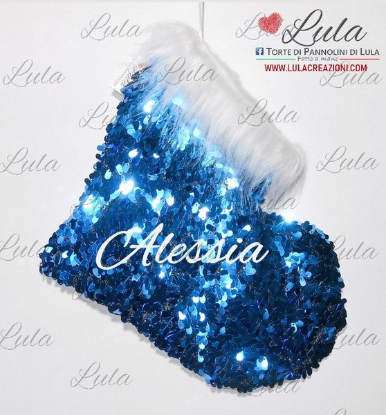 Calza Natale particolare elegante personalizzata con nome cuore paillette oro amore love ti amo dedica natalizia Epifania befana idea regalo Natale ragazza ragazzo fidanzata donna azzurro blu Lula Creazioni