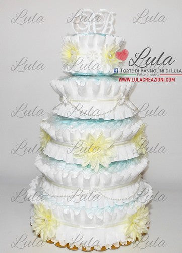 torta di pannolini pampers lula creazioni idea regalo nascita battesimo baby shower sposi mamma papà matrimonio utile originale particolare personalizzata maschio femmina bianco perla perle fiori shop online spedizioni italia ancona milano torino