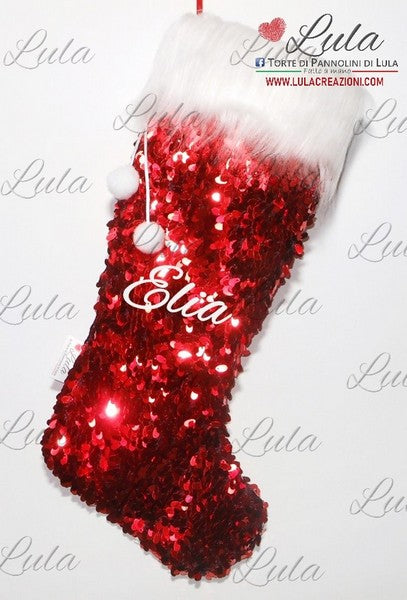 Lula Creazioni calza befana Natale epifania personalizzata nome idea regalo bella maschio femmina paillette rosse scintillante  originale particolare elegante ragazzo ragazza