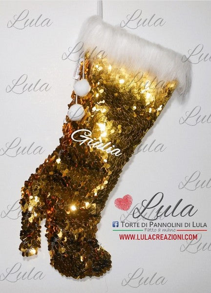 calza natale befana epifania particolare elegante bella donna ragazza mamma paillette strass oro personalizzata nome. idea regalo 