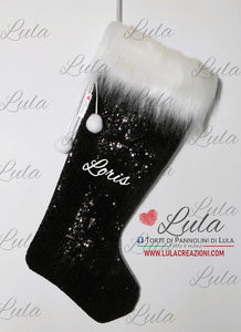 Calza befana Natale epifania Lula Creazioni stivale tacco pon pon velluto pitone paillette nero nome personalizzato peluche idea regalo natalizia lei ragazza donna moda mamma nonna