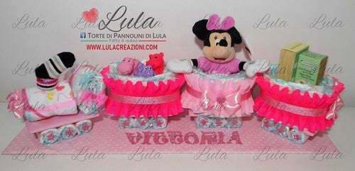 Torta di pannolini Pampers Treno Lula Creazioni peluche trenino rosa femmina Minnie idea regalo nascita battesimo baby shower originale utile gravidanza neonato bella shop online spedizioni italia ancona