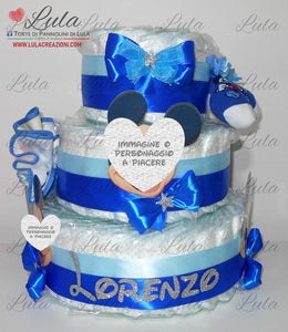 Torta di pannolini + Regalini TOPOLINO / MINNIE - Torte di Pannolini di Lula Minnie Topolino Pampers personalizzabile fucsia celeste azzurra maschio femmina rosa verde idea regalo gravidanza nascita battesimo baby shower neonato bella utile originale shop online spedizioni italia ancona personalizzabile