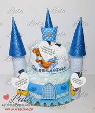 Carica l&#39;immagine nel visualizzatore di Gallery, Torta di Pannolini CASTELLO Simple - Lula Creazioni - azzurro blu maschio + bavaglino personalizzato baby Topolino idea regalo nascita battesimo gravidanza baby shower utile bella originale pampers shop online spedizioni italia ancona
