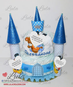 Torta di Pannolini CASTELLO Simple - Lula Creazioni - azzurro blu maschio + bavaglino personalizzato baby Topolino idea regalo nascita battesimo gravidanza baby shower utile bella originale pampers shop online spedizioni italia ancona