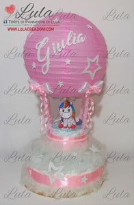 Torte di pannolini di Lula Creazioni - Mongolfiera personalizzabile fucsia celeste azzurra maschio femmina rosa idea regalo gravidanza nascita battesimo baby shower neonato bella utile originale shop online spedizioni italia ancona topolino unicorno