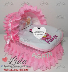 Torta di pannolini CULLA carrozzina + Bavaglino personalizzato nome dedica - Torte di Pannolini di Lula idea regalo bella utile originale pampers gravidanza nascita baby shower battesimo maschio femmina azzurro celeste rosa blu fucsia. shop online spedizioni italia ancona minnie