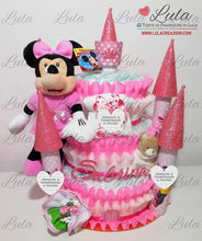 Carica l&#39;immagine nel visualizzatore di Gallery, Torta di pannolini Pampers Lula Creazioni con peluche Minnie castello grande principessa idea regalo nascita battesimo baby shower femmina rosa blu shop online spedizioni italia ancona
