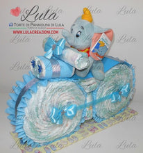 Carica l&#39;immagine nel visualizzatore di Gallery, Torta di pannolini Lula Creazioni Pampers moto bicicletta peluche maschio azzurro celeste idea regalo bella utile originale nascita neonato battesimo baby shower gravidanza shop online spedizioni italia ancona
