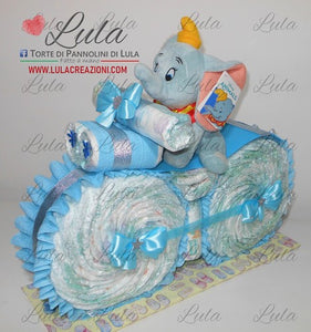 Torta di pannolini Lula Creazioni Pampers moto bicicletta peluche maschio azzurro celeste idea regalo bella utile originale nascita neonato battesimo baby shower gravidanza shop online spedizioni italia ancona