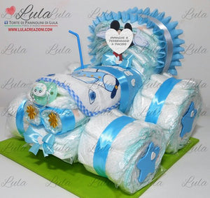 Torte di pannolini di Lula Creazioni - Trattore - idea regalo originale nascita battesimo baby shower piccolo contadino agricoltore maschio azzurro celeste topolino idea regalo gravidanza nascita battesimo baby shower neonato bella utile originale shop online spedizioni italia ancona