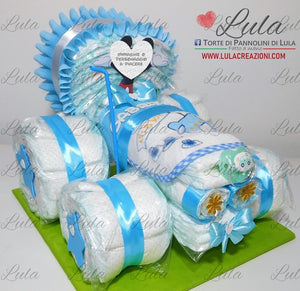 Torte di pannolini di Lula Creazioni - Trattore - idea regalo originale nascita battesimo baby shower piccolo contadino agricoltore maschio azzurro celeste topolino idea regalo gravidanza nascita battesimo baby shower neonato bella utile originale shop online spedizioni italia ancona