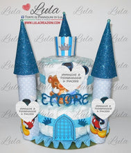 Carica l&#39;immagine nel visualizzatore di Gallery, Torta di Pannolini CASTELLO Simple - Lula Creazioni - azzurro blu maschio + bavaglino personalizzato baby Topolino
