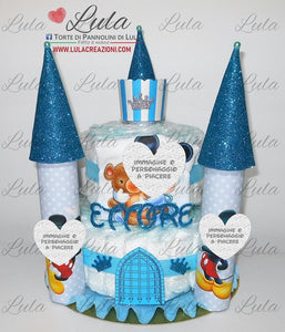 Torta di Pannolini CASTELLO Simple - Lula Creazioni - azzurro blu maschio + bavaglino personalizzato baby Topolino