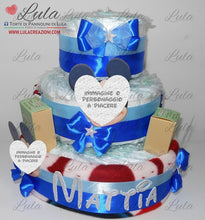 Carica l&#39;immagine nel visualizzatore di Gallery, Torta di pannolini + Regalini TOPOLINO / MINNIE - Torte di Pannolini di Lula Minnie Topolino Pampers personalizzabile fucsia celeste azzurra maschio femmina rosa verde idea regalo gravidanza nascita battesimo baby shower neonato bella utile originale shop online spedizioni italia ancona personalizzabile
