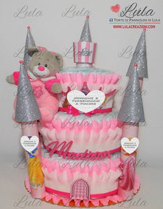 Torta di Pannolini CASTELLO Prestige - Lula Creazioni -rosa fucsia femmina principessa + peluche idea regalo nascita gravidanza battesimo baby shower utile originale bello shop online spedizioni Italia ancona