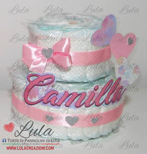 Carica l&#39;immagine nel visualizzatore di Gallery, Torte di Pannolini di Lula Creazioni - igiene Sicurezza Qualità - Pampers cuori cuore personalizzabile fucsia celeste azzurra maschio femmina idea regalo gravidanza nascita battesimo baby shower neonato bella utile originale shop online spedizioni italia ancona personalizzabile rosa femmina
