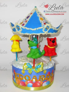 Torta di pannolini Lula Creazioni Giostra Pampers idea regalo nascita battesimo baby shower maschio femmina gravidanza pampers utile bella originale bavaglino shop online spedizioni italia ancona