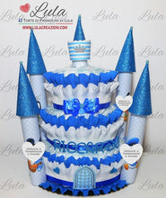 Carica l&#39;immagine nel visualizzatore di Gallery, Torta di Pannolini CASTELLO Prestige - Lula Creazioni - azzurro celeste blu maschio principe topolino
