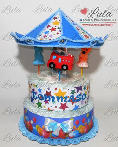 Torta di pannolini Lula Creazioni Giostra Pampers idea regalo nascita battesimo baby shower maschio femmina gravidanza pampers utile bella originale bavaglino shop online spedizioni italia ancona