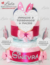 Carica l&#39;immagine nel visualizzatore di Gallery, Torta di pannolini pampers lula creazioni Minnie rosa femmina bimba bambina gemelle idea regalo nascita battesimo baby shower shop online spedizioni italia ancona milano torino bologna paperina
