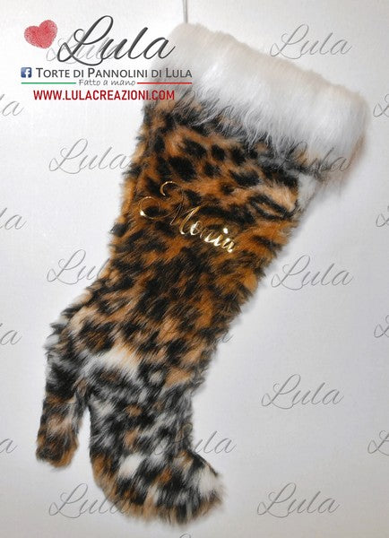 Calza Befana Epifania Natale 2022 2023 Lula Creazioni animalier pelliccia leopardo ghepardo nome personalizzato idea regalo ragazza bambina famiglia bella particolare spedizioni stivale bello