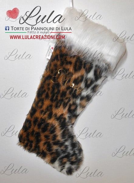 Calza Befana Epifania Natale 2022 2023 Lula Creazioni animalier pelliccia leopardo ghepardo nome personalizzato idea regalo ragazza bambina famiglia bella particolare spedizioni