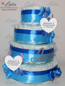 Torta di pannolini Cartoons Lilo e stitch maschio azzurro celeste blu Lula Creazioni Pampers idea regalo utile originale nascita battesimo baby shower shop online spedizioni coperta prodotti igiene italia ancona