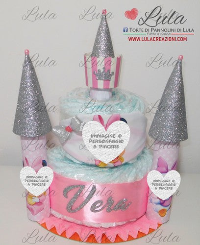 Torta di Pannolini CASTELLO grande Lula Creazioni - bavaglino personalizzato Minnie rosa femmina idea regalo nascita battesimo gravidanza baby shower utile bella originale pampers shop online spedizioni italia ancona