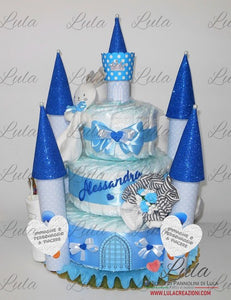 Torte di Pannolini di Lula Creazioni - Torta di Pannolini CASTELLO Elegant - Lula Creazioni - azzurro celeste maschio topolino