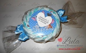 torta di pannolini pampers lula creazioni personalizzata nome bebè idea regalo utile originale particolare economica nascita battesimo baby shower shop online spedizioni italia ancona milano torino caramella celeste azzurro blu tom gerry maschio bimbo