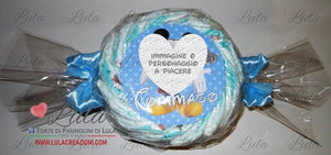 torta di pannolini pampers lula creazioni personalizzata nome bebè idea regalo utile originale particolare economica nascita battesimo baby shower shop online spedizioni italia ancona milano torino caramella celeste azzurro blu Topolino maschio bimbo