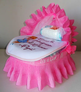 Torta di pannolini CULLA carrozzina + Bavaglino personalizzato nome dedica - Torte di Pannolini di Lula idea regalo bella utile originale pampers gravidanza nascita baby shower battesimo maschio femmina azzurro celeste rosa blu fucsia. shop online spedizioni italia ancona principessa