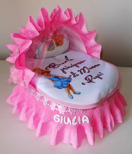 Torta di pannolini CULLA carrozzina + Bavaglino personalizzato nome dedica - Torte di Pannolini di Lula idea regalo bella utile originale pampers gravidanza nascita baby shower battesimo maschio femmina azzurro celeste rosa blu fucsia. shop online spedizioni italia ancona principessa