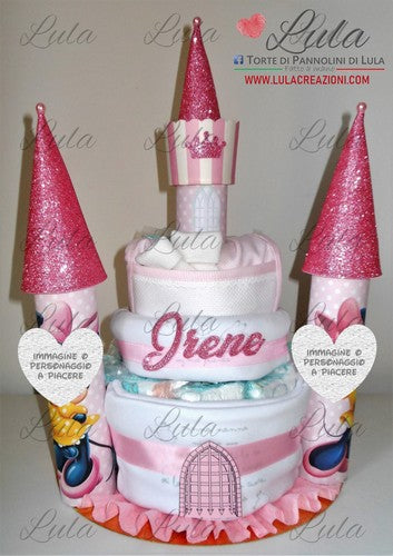 Torta di Pannolini CASTELLO Simple - Lula Creazioni - femmina rosa Minnie + body bavaglino calzini idea regalo nascita battesimo baby shower gravidanza shop online spedizioni italia ancona