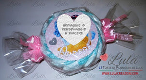 torta di pannolini pampers lula creazioni personalizzata nome bebè idea regalo utile originale particolare economica nascita battesimo baby shower shop online spedizioni italia ancona milano torino caramella rosa femmina bambina principessa biancaneve