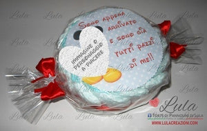 torta di pannolini pampers lula creazioni personalizzata nome bebè idea regalo utile originale particolare economica nascita battesimo baby shower shop online spedizioni italia ancona milano torino caramella rosso gemelli unisex femmina maschio bimbo bimba topolino